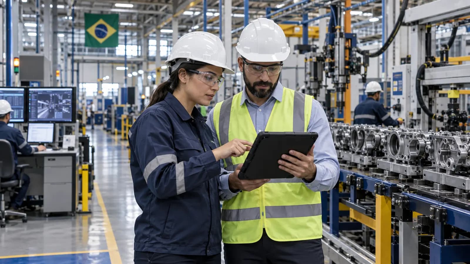 Profissionais analisando informações em um tablet no chão de fábrica